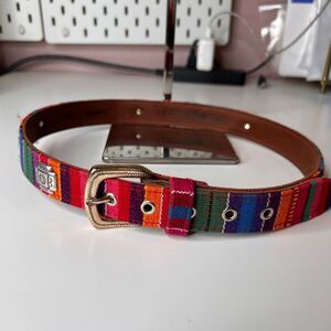 Fossil vintage woven rainbow leather belt featuring striped colorful fabric and
